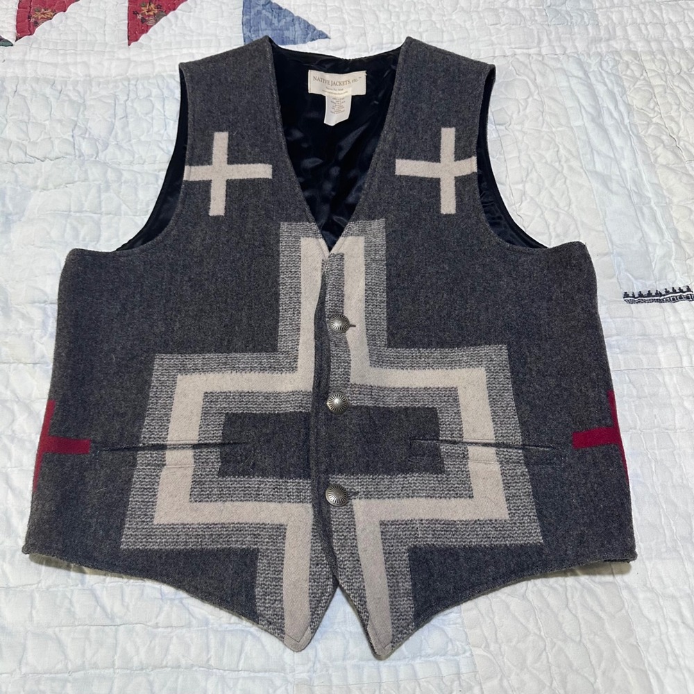 Native Jackets etc Wool Vest Charcoal Grey Southwest Geometric Mens Large